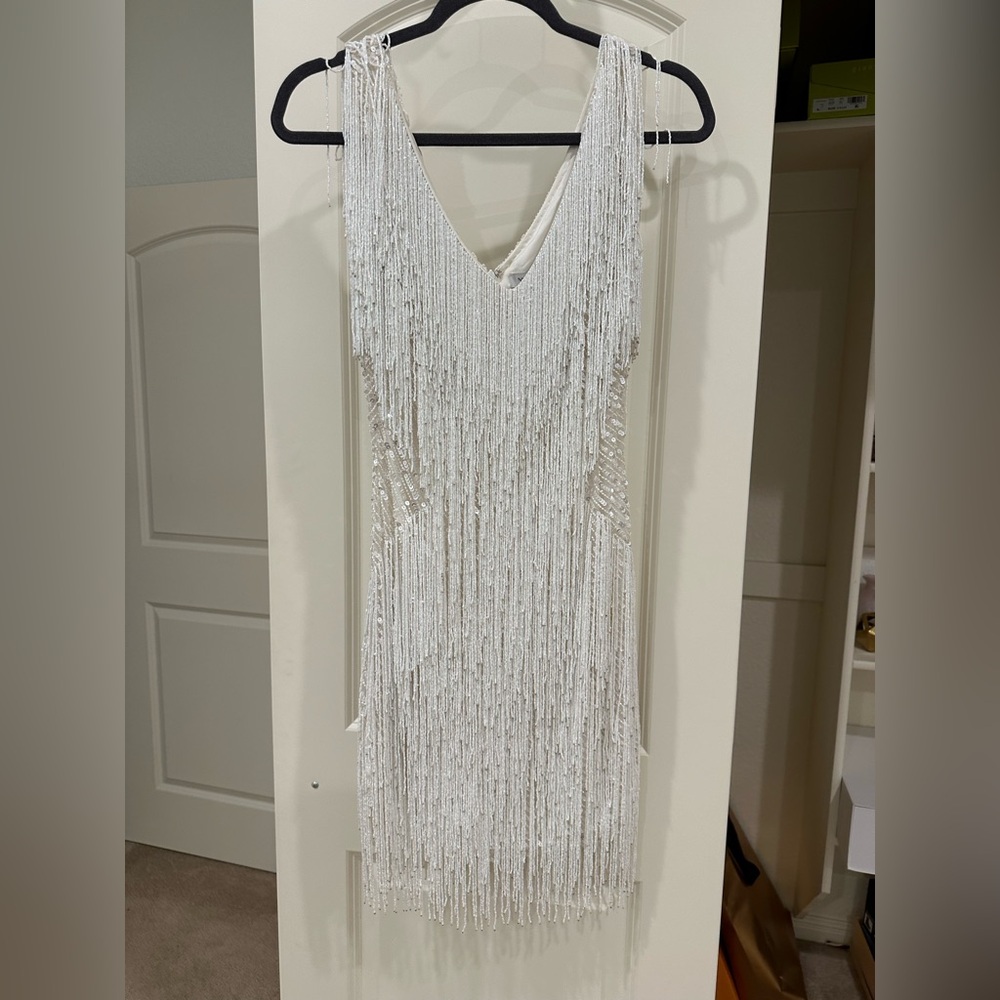 White Beaded Fringe V-Neck Dress